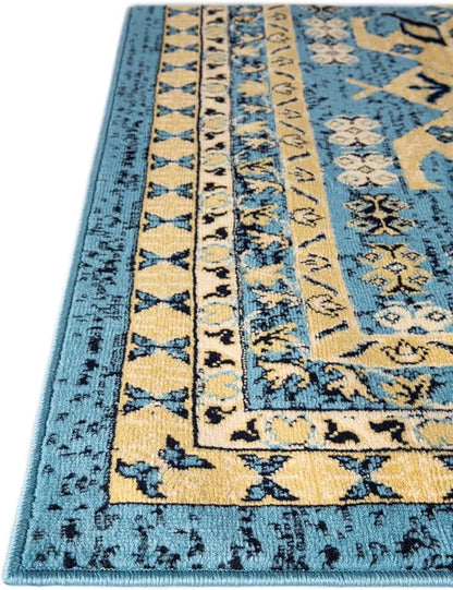 Unique Loom Taftan Collection Border Geometric Tribal Inspired Design Area Rug (9' 10 x 13' 0 Rectangular, Light Blue/ Gold)