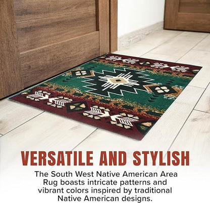 YHSF South West Native American Area Rug C318 - Easy Clean, Thick, Soft, Durable Native Tribal American Indian Inspired Rug for Bedroom/Living Room and More - Hunter Green, 2 Feet x 3 Feet 4 Inches