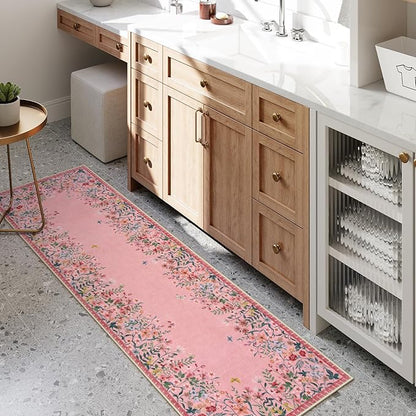Lahome Boho Floral 2x6 Pink Bathroom Runner Rugs Non Slip Washable,Soft Runners for Hallways,Indoor Carpet Runner with Rubber Backing for Bedside Entryway Kitchen Laundry(Pink,2x6)