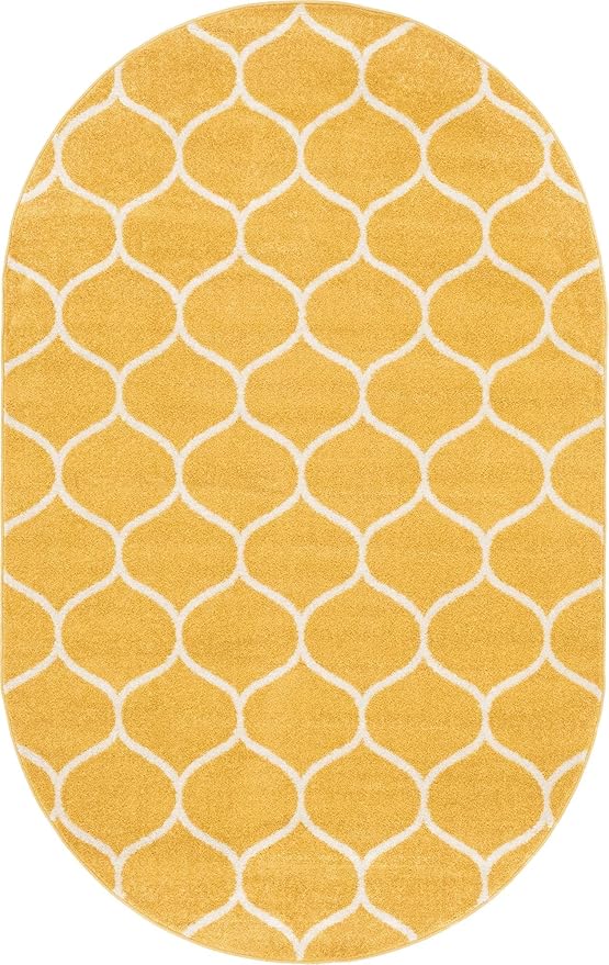 Rugs.com Lattice Frieze Collection Rug – 5' x 8' Oval Yellow Medium Rug Perfect for Living Rooms, Large Dining Rooms, Open Floorplans