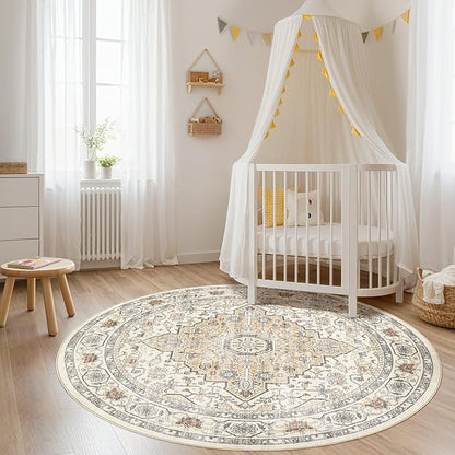 Round Rug Living Room Rugs: 10x10 Washable Boho Neutral Large Circle Soft Indoor Floral Stain Resistant Floor Farmhouse Carpet for Bedroom Nursery Kids Playroom Office Dining Room- Cream Blue