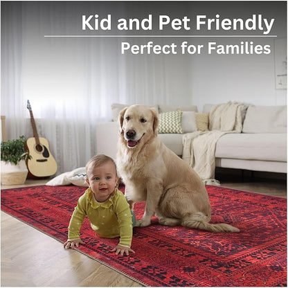 Bloom Rugs Washable Non-Slip 3' x 5' Rug - Red Traditional Bordered Area Rug for Living Room, Bedroom, Dining Room, and Kitchen - Exact Size: 3' x 5'