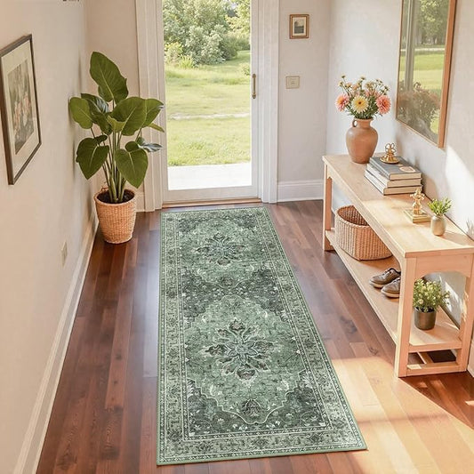 Area Rugs 2'x6' Washable Non-Slip, Floral Vintage Distress Print Pattern Medallion Carpet for Living Room Bedroom Dining Room, Dark Green Gray