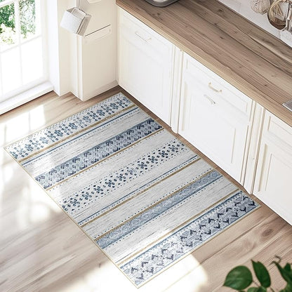 BESTSWEETIE 2x3 Area Rugs for Living Room Washable Moroccan Farmhouse Neutral Geometric Low Pile Non-Slip Soft Print Pattern Rug for Bedroom Kitchen Dining Room Entryway Blue/Brown