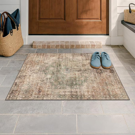Green Brown 2x3 Washable Small Throw Rug for Entryway, Kitchen, Bathroom, Non Slip with Rubber Backing, Low Pile & Soft Stain Resistant Carpet, Farmhouse Medallion Abstract Indoor Décor