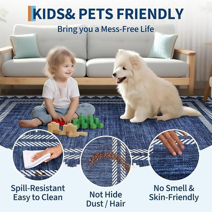 Geometric Bordered 2x6 Washable Runner Rug for Hallway Kitchen Foldable Non Slip Indoor Soft Carpet Modern Stain Resistant Non-Shedding Low Pile Rug for Dining Room Living Room with Rubber Back, Blue