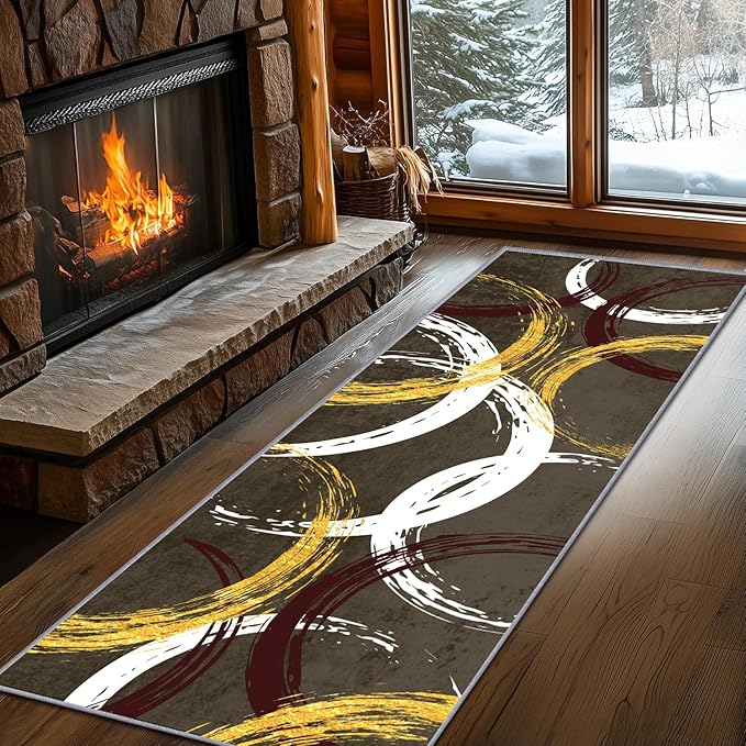 Gold White Red Circle Pattern Runner Rug, 2x6ft Washable Hallway Entrance Rugs - Corridor & Foyer Long Accent Rug, Modern Stylish Decor Carpet for Home Runner Non-Slip Mat