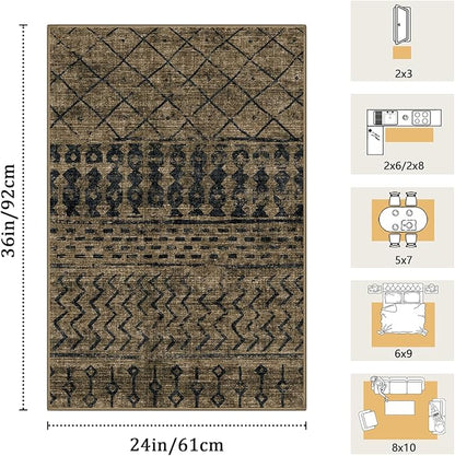 2x3 Machine Washable Area Rug for Entryway, Brown Black Vintage Moroccan Rug Non-Slip Low Pile Soft Faux Wool Small Carpet, Kids and Pets Friendly for Bedroom Kitchen Hallway Bedside Home Decor Rug