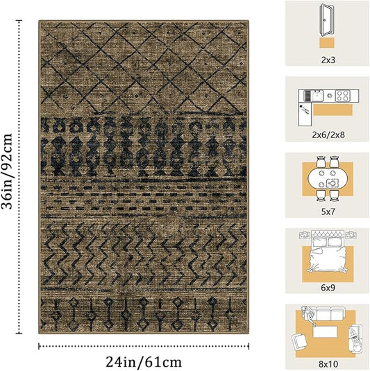 2x3 Machine Washable Area Rug for Entryway, Brown Black Vintage Moroccan Rug Non-Slip Low Pile Soft Faux Wool Small Carpet, Kids and Pets Friendly for Bedroom Kitchen Hallway Bedside Home Decor Rug