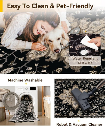 Area Rugs Square 10ft Washable Non-Slip, Floral Vintage Distress Print Pattern Medallion Carpet for Living Room Bedroom Dining Room, Black Brown Neutral Dark Tan