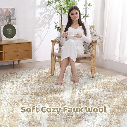 Round Rug Living Room Rugs: 7Ft Washable Circle Large Abstract Modern Soft Stain Resistant Non Slip Indoor Floor Carpet for Bedroom Nursery Office Dining Room Dorm Home House Decor- Gray Gold
