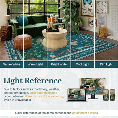 7x9 Bug Pattern Area Rug - Indoor Non-Slip Low Pile Machine Washable Insect Print Rug for Entryway, Living Room, Bedroom, Kitchen, Laundry (7'x9' Teal)