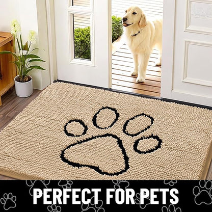 Smiry Dog Door Mat for Muddy Paws, Absorbent Dirt Trapper Non Slip Quick Dry Washable Chenille Mat for Mud Dogs, Entry Rug for Indoor and Outdoor (36x24 Inches, Beige and Black