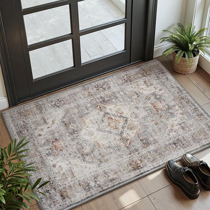 AMOAMI-2X3 Small Rug-Washable Rugs Entryway Mat Indoor-Soft Vintage Non Slip Rugs for Kitchen Laundry Room Bathroom Grey Decorative Accent Rug for in Front of Sink 24 Inch x36 Inch