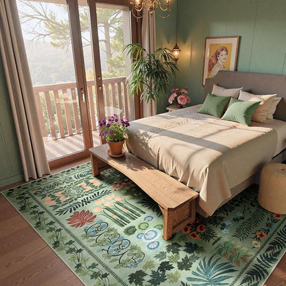 Boho Green Washable 8x10 Area Rug for Living Room, Floral Large Rugs for Bedroom Aesthetic, Non Slip Botanical Soft Indoor Throw Carpet for Dining Room Home Office Playroom (Green,8 x 10)