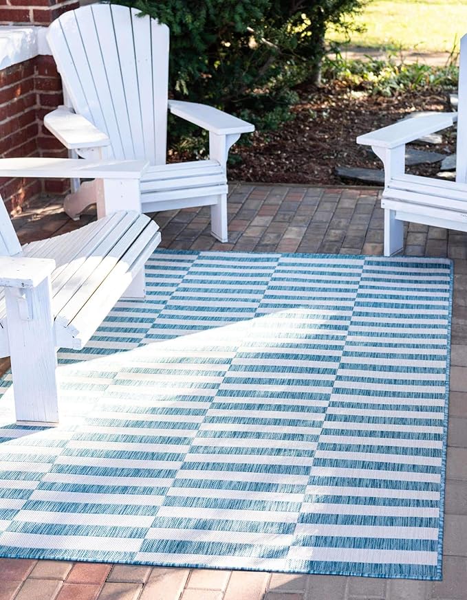 Unique Loom Outdoor Striped Collection Area Rug - Striped (6' 1" x 9' Rectangle, Light Aqua/Ivory)