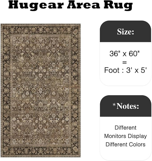 HUGEAR 3x5 Machine Washable Rugs Brown Hallway Area Rug Indoor Accent Rug Floral Low Pile Carpet Soft Throw Rug Bedroom Living Room Office Dining Room Kitchen Laundry Room Non Slip
