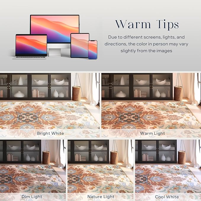 Phantoscope Washable Area Rug 6'x9' Non-Slip, Vintage Boho Rugs for Living Room, Bedroom, Dining Room, Fall Orange Floral Medallion Pattern, Low-Pile Foldable Floor Carpet, Rust/Multi Floral