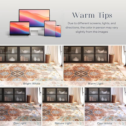 Phantoscope Washable Area Rug 4'x6' Non-Slip, Vintage Boho Rugs for Living Room, Bedroom, Dining Room, Fall Orange Floral Medallion Pattern, Low-Pile Foldable Floor Carpet, Rust/Multi Floral
