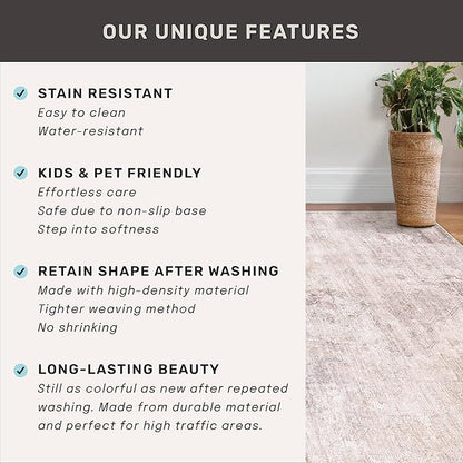 Pink and Grey 6x8 Living Room Rug, Morden Washable Area Rug for Bedroom, Non Slip Carpet for Dinning Room Under Table, Medallion Distressed Print Pattern
