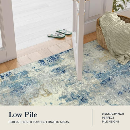 Lahome Modern Abstract Living Room Rug, Washable 8x10 Area Rugs for Bedroom Stain Resistant Non Slip, Large Blue Soft Indoor Carpet for Dining Room Table Apartment, Blue/Grey