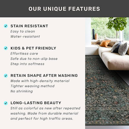 Dark Green Washable 3x16 Extra Long Runner Rug for Hallway Non Slip, Large Kitchen Indoor Floor Rugs for Entryway Hall Way, Soft Stain Resistant Low Pile Vintage Floral Carpet