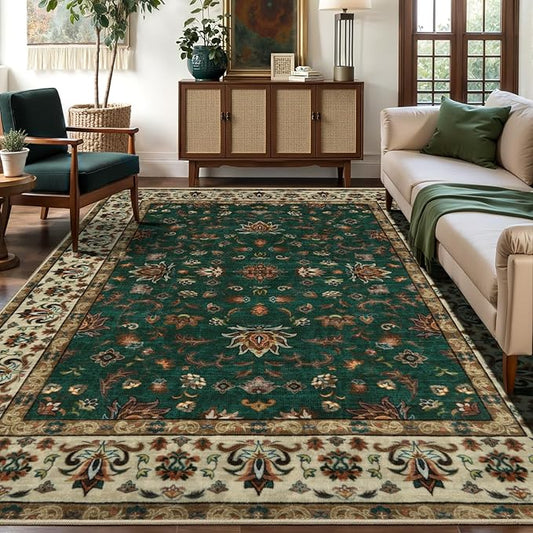 Tangsoo 5x7 Washable Rug, Floral Vintage Large Area Rugs for Living Room, Indoor Non Slip Print Floor Carpet, Soft Low Pile Machine Washable Rug for Bedroom Dining Room Dorm Home Decor Green