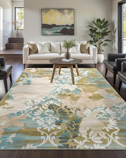 Washable Abstract Rug, 5x7 Willow Green and Blue Floral Area Rugs with Non-Slip Rubber Backed for Bedroom, Low Pile Modern Throw Carpet Kitchen Living Room Decor