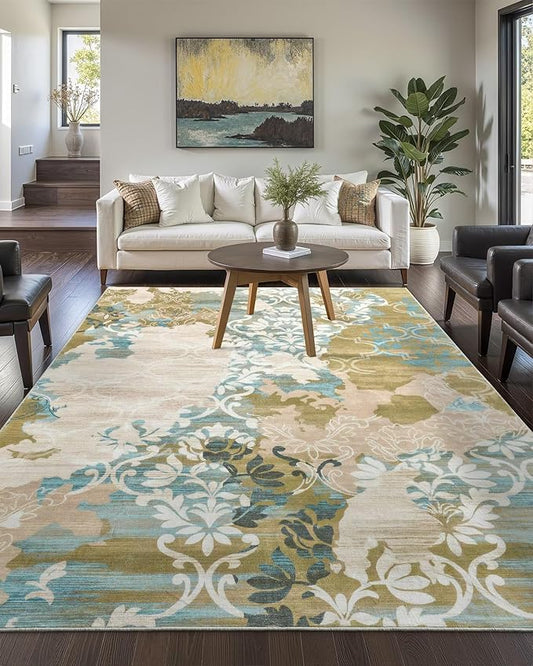 Washable Abstract Rug, 5x7 Willow Green and Blue Floral Area Rugs with Non-Slip Rubber Backed for Bedroom, Low Pile Modern Throw Carpet Kitchen Living Room Decor