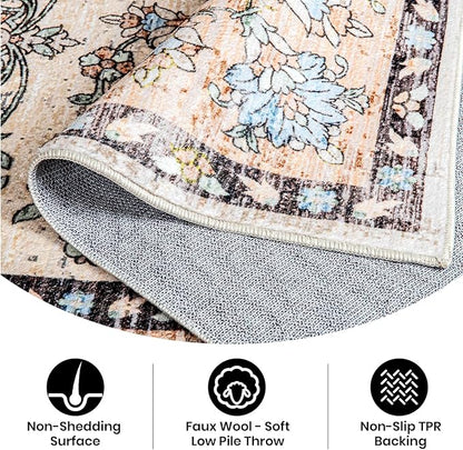 Area Rug 5x7, Washable Faux Wool Throw Rugs for Living Room, 0.3″ Non Slip Low Pile Vintage Boho Carpet for Ding Room, Home Office, Bedroom, Kids Room, Bedside (Khaki)