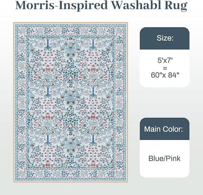 5x7 Area Rugs Living Room Rug - Floral Vintage Morris-Inspired Washable Carpet, Low Pile Non-Shedding Stain Resistance Boho Soft Carpet for Bedroom, Dining Room, Office, Farmhouse (5'x7' Blue/Pink)