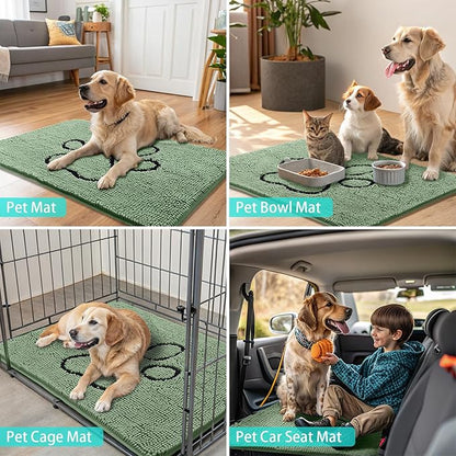 Smiry Dog Door Mat for Muddy Paws, Absorbent Dirt Trapper Non Slip Quick Dry Washable Chenille Mat for Mud Dogs, Entry Rug for Indoor and Outdoor (40x32 Inches, Olive Green and Black)