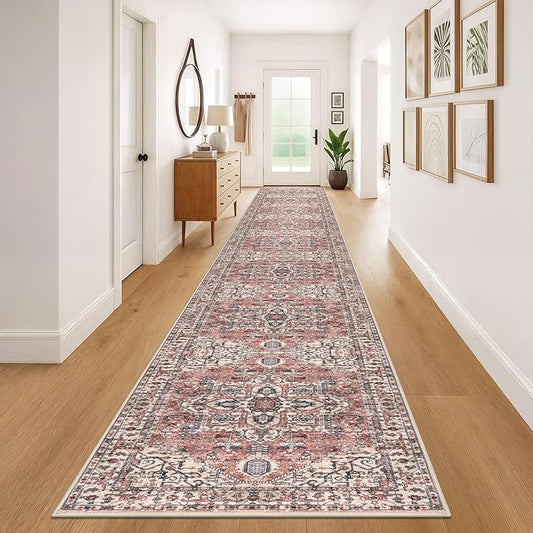 KOZYFLY Runners for Hallways 3x20 Ft Extra Long Faux Wool Washable Thin Hallway Rug Printed Runner Carpet for Entryway Bedroom Stair Kitchen Hall Living Room Decor, Terracotta/Beige