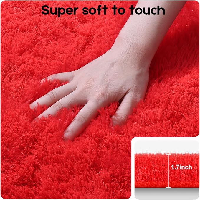 2x3 Red Rug for Bedroom Living Room, Fluffy Small Area Rug Soft Shag Carpet for Kids Boys and Girls Room with 4 Rugs Non-Slip Stickers Dorm Home Decor (2ft x 3ft)