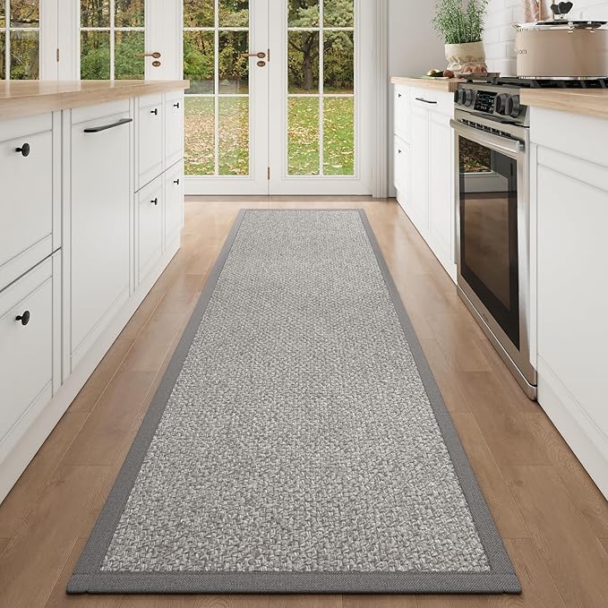Washable Hallway Runner Rug 2x8 Jute Like Kitchen Runner Mat Rugs Non Slip, Woven Soft Entryway Farmhouse Runner Boho Floor Carpet for Indoor Laundry Hall Backdoor Bedroom Living Room, Grey