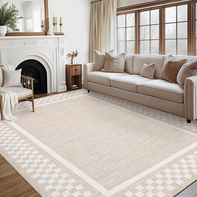 GarveeHome Area Rug 9x12 Living Room Rug Modern Bordered Soft Large Area Rugs for Bedroom Washable Checkered Dining Room Throw Carpet Non Slip Stain Resistant Geometric Rugs for Home Office, Beige