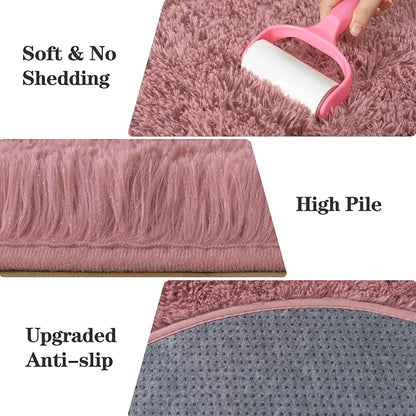 Soft Fluffy Area Rug for Bedroom, Blush Pink Fuzzy Shaggy Oval Throw Rugs for Bedside, Non-Slip Cozy Plush Shag Carpet for Girls Kids Room Nursery Dorm Living Room, 2.6 x 5.3 Feet