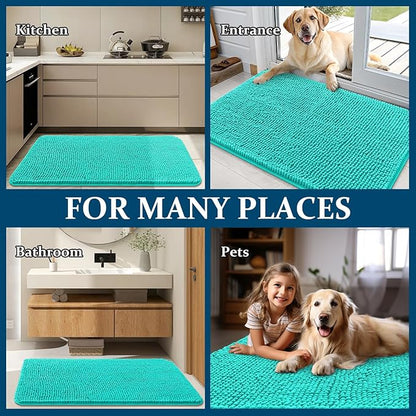 OLANLY Dog Door Mat for Muddy Paws 47x17, Absorbs Moisture and Dirt, Absorbent Non-Slip Washable Doormat, Quick Dry Chenille Mud Mat for Dogs, Entry Indoor Entryway Carpet for Inside Floor, Teal