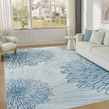 WITSHOCK 10x14 Washable Rug for Living Room,Modern Floral Distress Print Pattern Area Rugs,Stain Resistant with Non Slip Backing Carpet for Dining Room,Bedroom & Home Decor,Blue/Light Blue