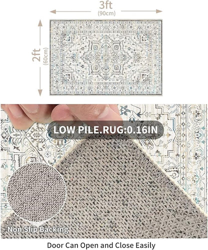 Enkor Area Soft Rugs 2x3 Washable Non Slip Boho Small Floor Entryway Rugs for Hallway, Vintage Style Farmhouse Mat for Kitchen White & Grey