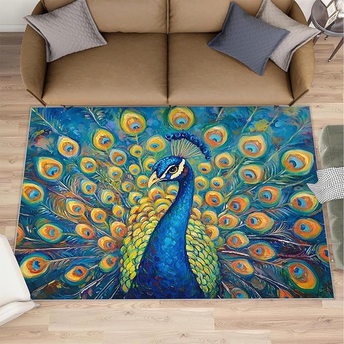 Peacock Area Rug 4x5-4x5 Rug, Wonderful Peacock Rugs for Living Room, Teal Turquoise Carpet, Peafowl Washable Area Rugs for Bedroom, Aesthetics Carpet - Peafowl Home Decor & Gifts