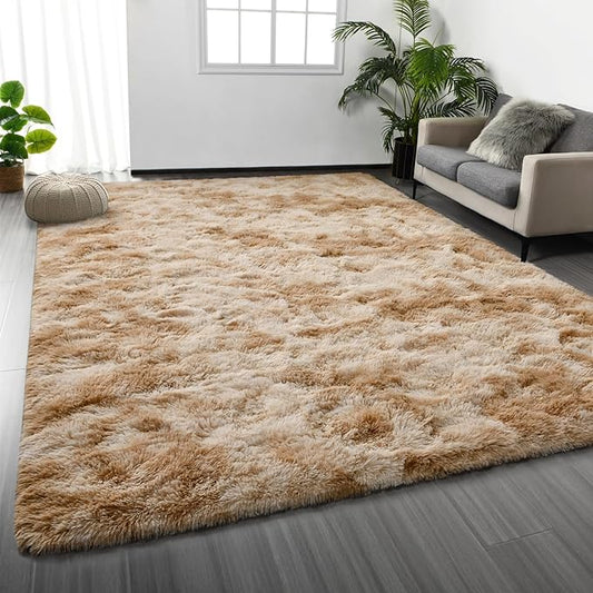 Large Shag Area Rugs 9 x 12, Tie-Dyed Plush Fuzzy Rugs for Living Room, Ultra Soft Fluffy Furry Rug for Bedroom, Indoor Carpet Nursery Rugs for Kids Room Home Decor, Beige