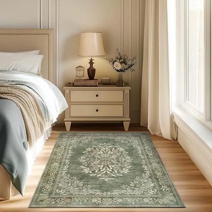 jinchan Green Floral 3x5 Area Rugs for Entryway - Machine Washable Vintage Distressed Design Low-Pile Soft Non-Shedding Carpet for Kitchen Bedroom Entrance Laundry Living Room (3x5ft,Dark Green)