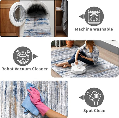 2x3 Small Washable Area Rug: Non-Slip Indoor Door Mat for Entrance Doorway Kitchen Bedroom Living Room - Abstract Farmhouse Throw Rug for Modern Home Decor Navy Grey