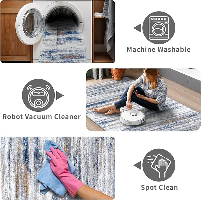 4x10 Wide Washable Runner Rug: Easy-to-Clean Runners for Hallway Entryway Kitchen Bedroom Living Room - Stain and Water Resistant Rugs with Non-Slip Backing - Soft Low-Pile Carpet Navy Grey