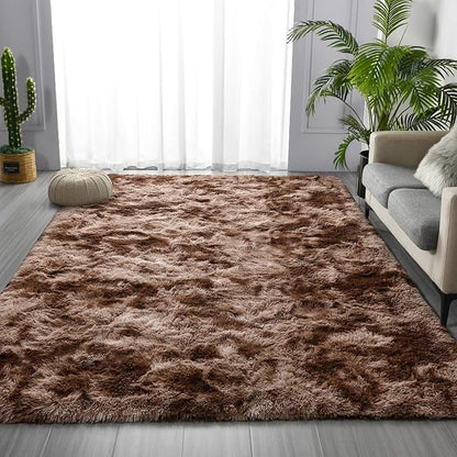 Shag Area Rug, 4 X 6 Tie-Dyed Plush Fuzzy Rugs for Living Room, Ultra Soft Fluffy Furry Rug for Bedroom, Indoor Carpet Nursery Rugs for Kids Room Home Decor, Coffee