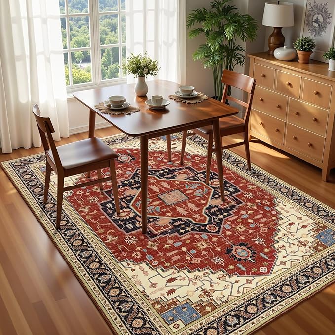 5x7 Orange Red Area Rug for Living Room, Machine Washable Rugs with Non-Slip Backing for Bedroom, Vintage Medallion Carpet Dining Room Office Kids Room Decor