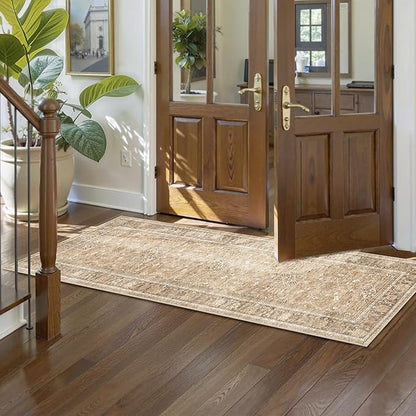 2.6x8 Runner Rug for Hallways Vintage Distressed Non Slip Long Carpet Floral Boho Distress Print Pattern Mat Lightweight Retro Accent Throw Carpet for Kitchen Bedroom Bedside Laundry Room﻿-Khaki