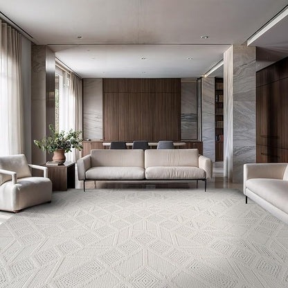 Modern Micro Loop Indoor Area Rugs for Living Room Bedroom Kitchen Geometric Square White 8x10 Luxury Durable Low and High Pile Non-Shedding Stain Resistant Soft Area Carpet 8 x 10