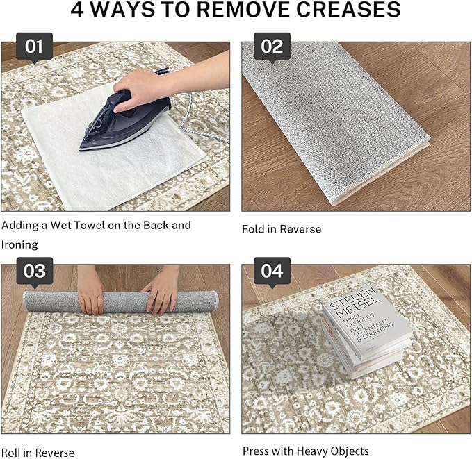 Hallway Runner Rug, Beige Tan White Washable Runner Rug 2x8 Vintage Floral Neutral Kitchen Rug Runner Non Slip Thin Printed Faux Wool Super Soft Carpet for Entryway Bedroom Laundry Room Indoor